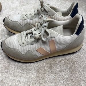 Veja Cream and Tan Sneakers with Pink Logo